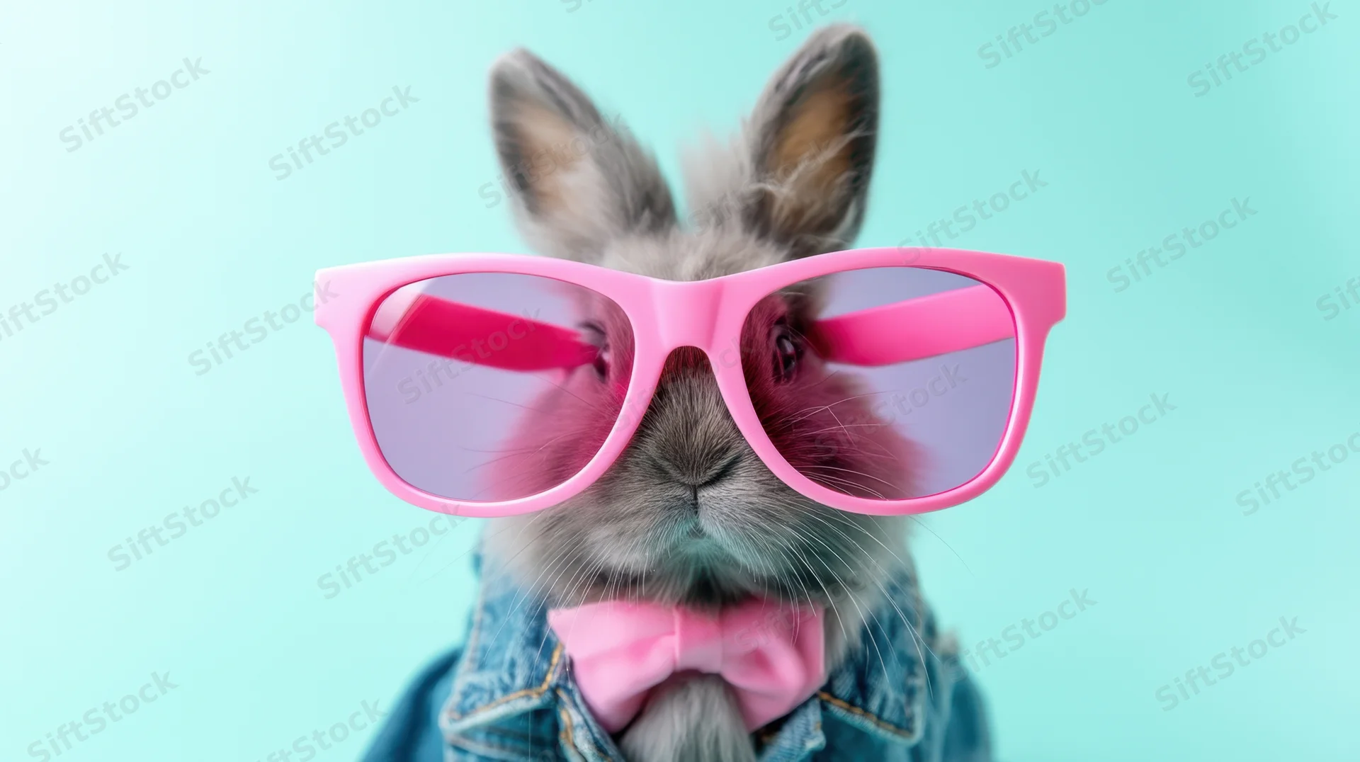 Rabbit wearing pink sunglasses and a bowtie in a denim jacket against a blue background