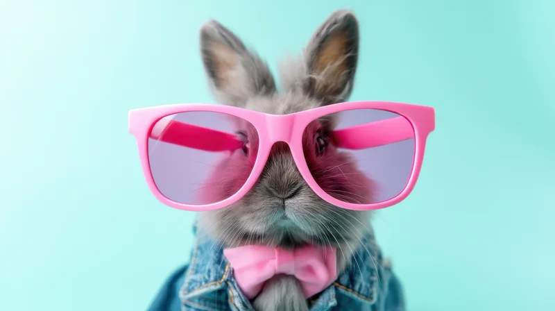 Rabbit wearing pink sunglasses and a bowtie in a denim jacket against a blue background