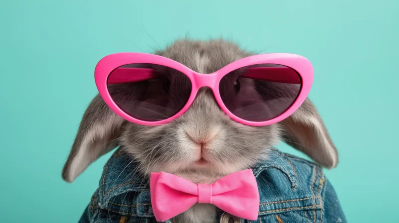 Gray rabbit wearing pink sunglasses and bowtie in denim jacket against teal background