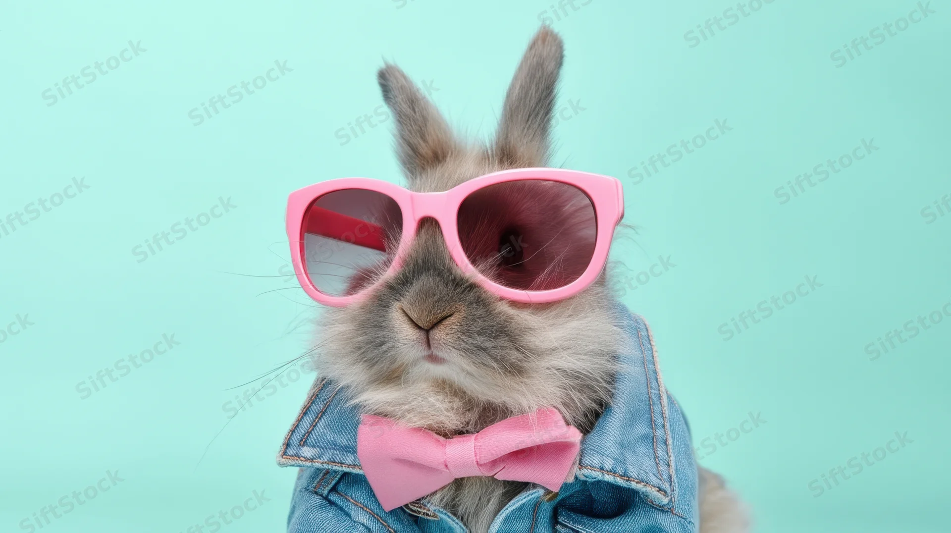 Rabbit wearing pink sunglasses and bowtie in denim jacket against mint background