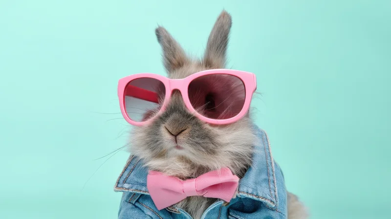 Rabbit wearing pink sunglasses and bowtie in denim jacket against mint background