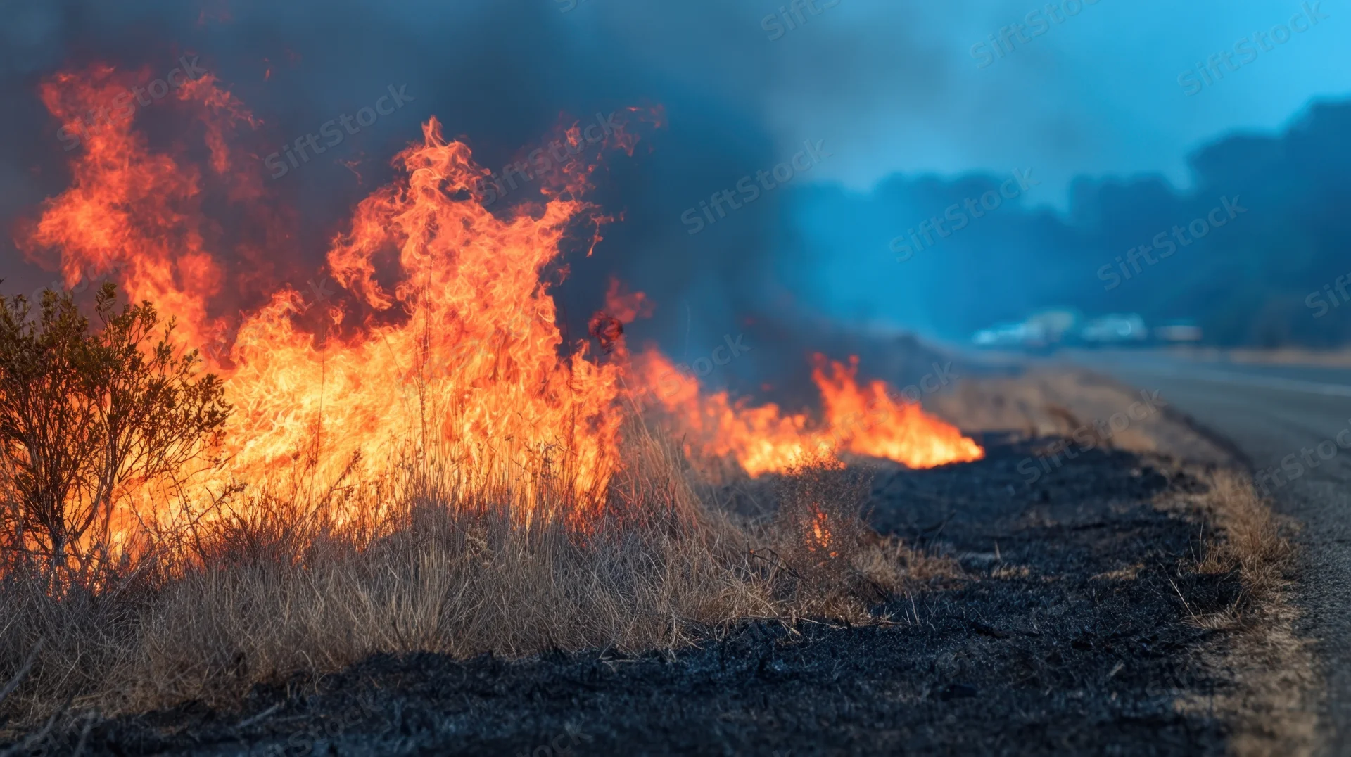 Wildfire burning dry grass along a roadside at dusk