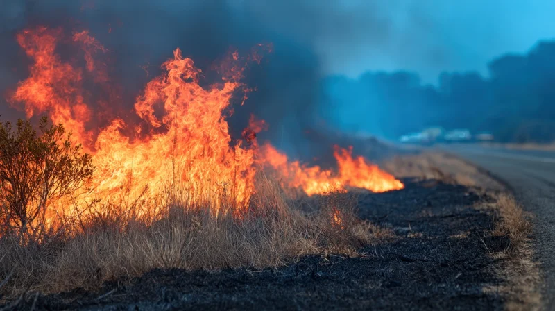 Wildfire burning dry grass along a roadside at dusk