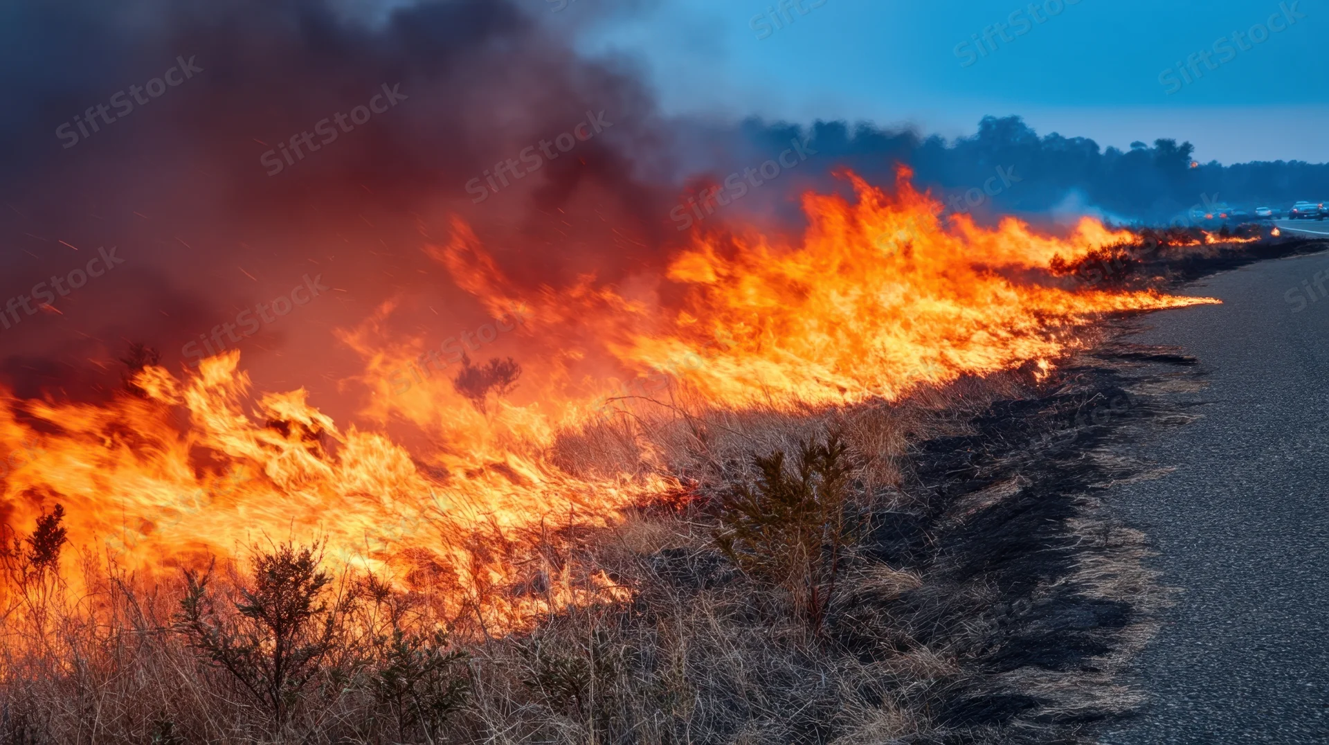 Raging wildfire burning dry grass alongside a road at dusk