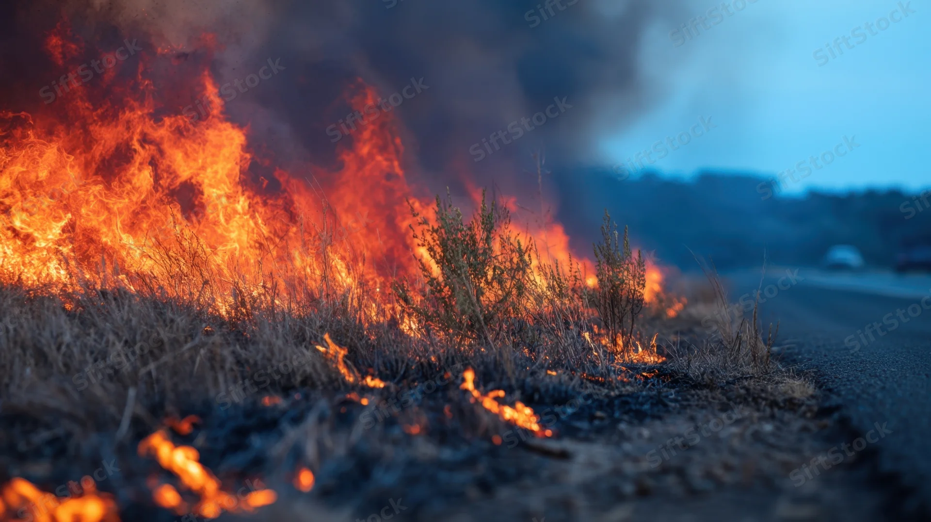 Raging wildfire burning dry grass alongside a road at dusk