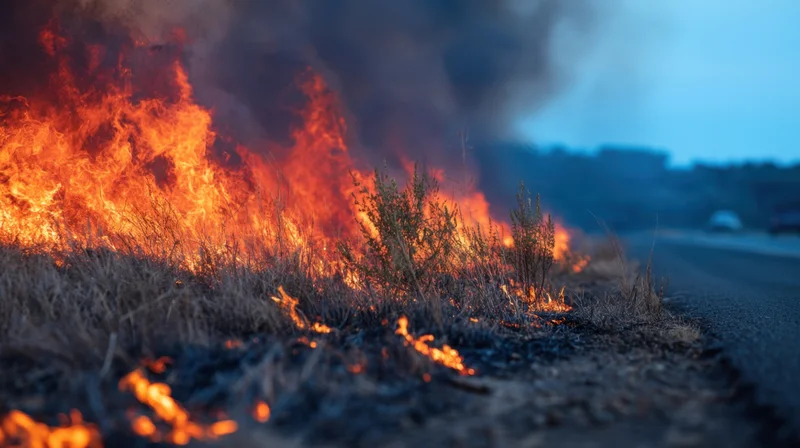 Raging wildfire burning dry grass alongside a road at dusk