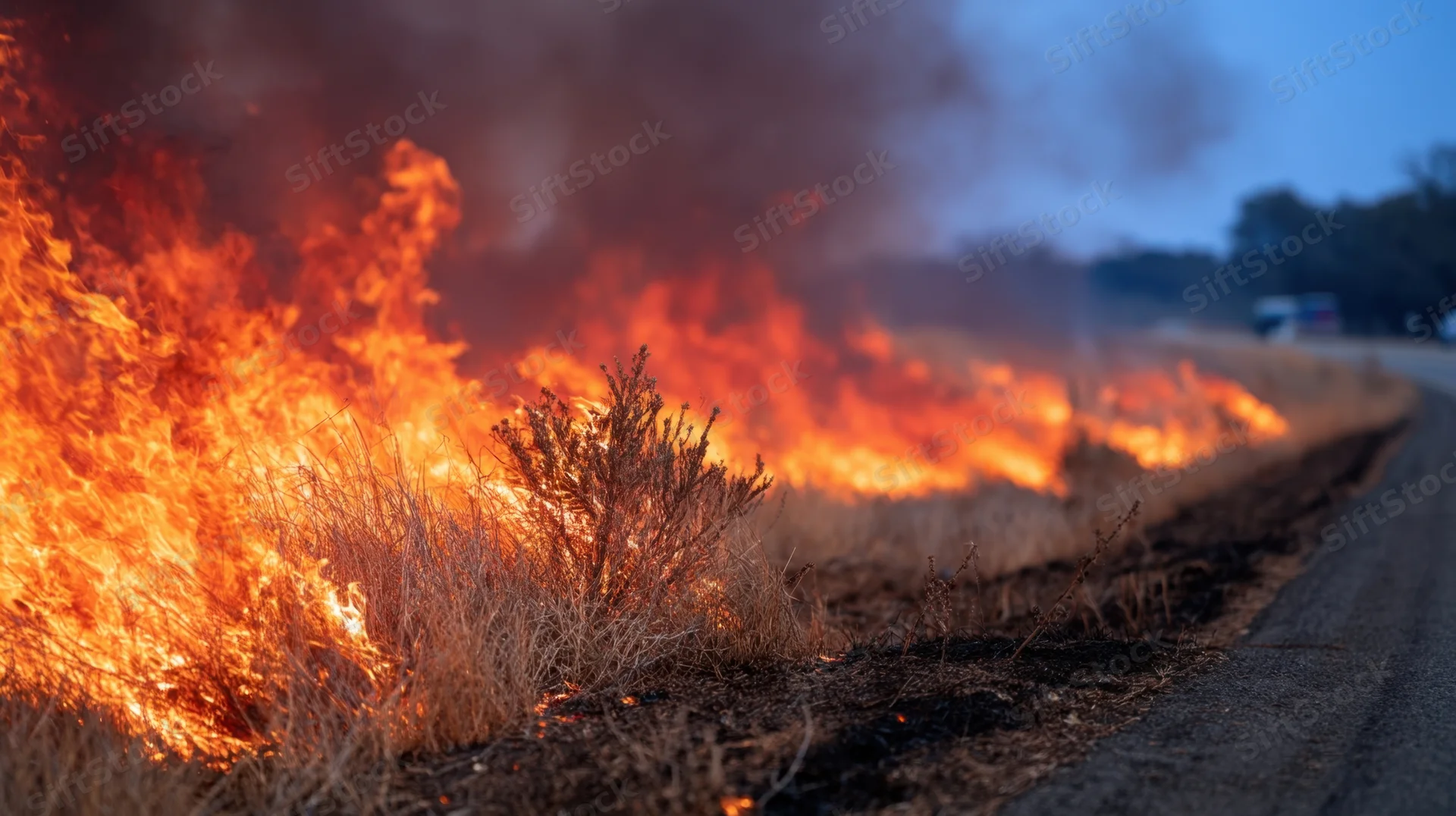 Raging wildfire burning dry grass along a roadside at dusk