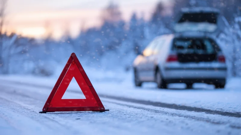 Red warning triangle on snowy road with car in background during snowfall