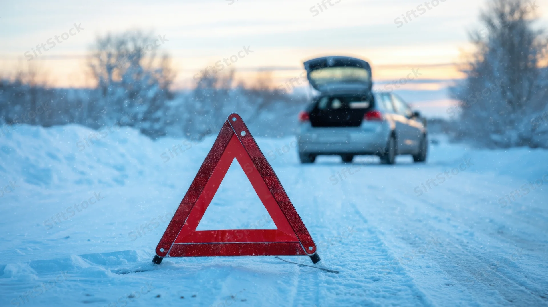 Red warning triangle on snowy road with car in background, open trunk, snow falling