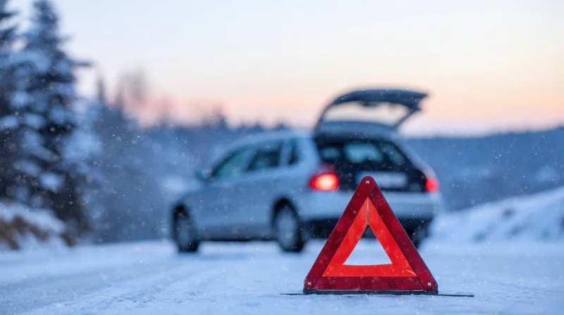 Red warning triangle on snowy road with car in background having open trunk