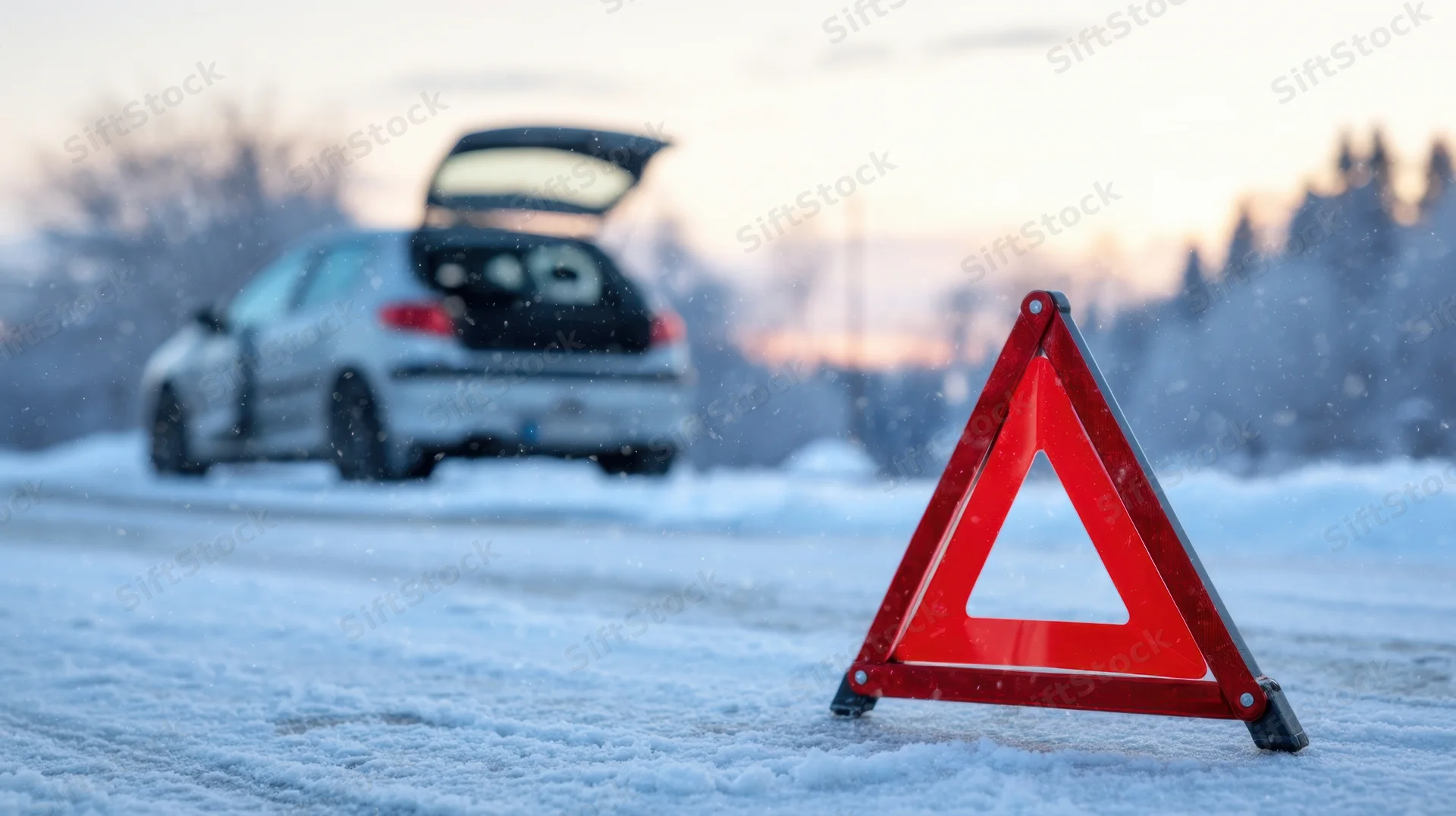 Red warning triangle on snowy road with car in background trunk open