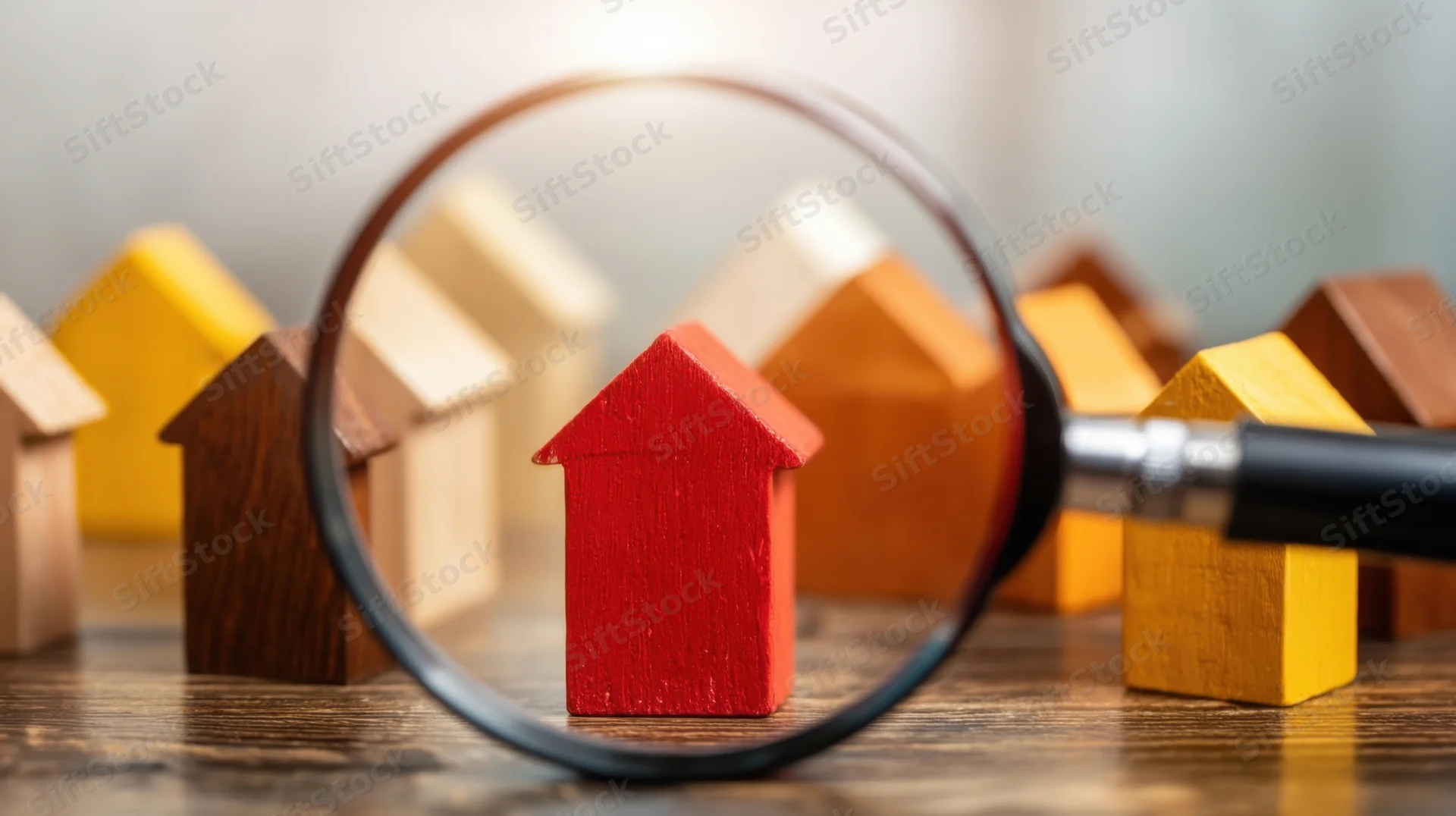 Magnifying glass over a red wooden house model among other colorful houses on a wooden surface