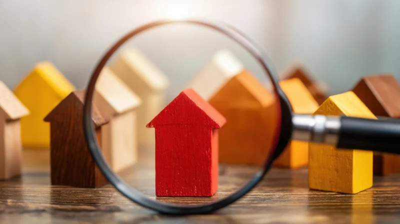 Magnifying glass over a red wooden house model among other colorful houses on a wooden surface