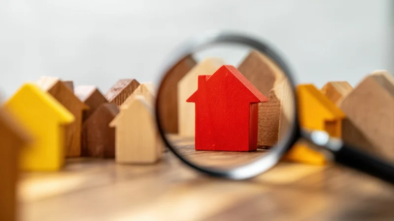 Magnifying glass over a red wooden house among other miniature homes on a table
