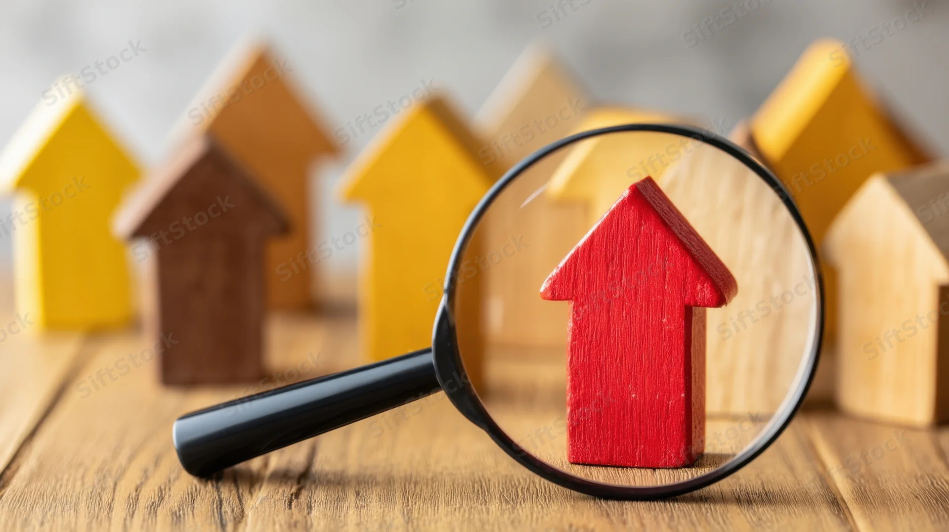 Magnifying glass over red wooden house model among other houses on wooden surface