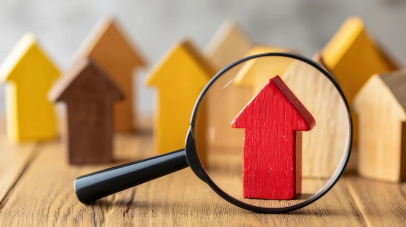 Magnifying glass over red wooden house model among other houses on wooden surface