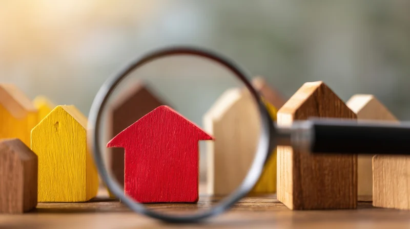 Magnifying glass over a red wooden house model among other houses on a wooden surface
