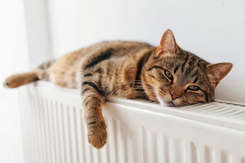 Tabby cat resting on a white radiator indoors