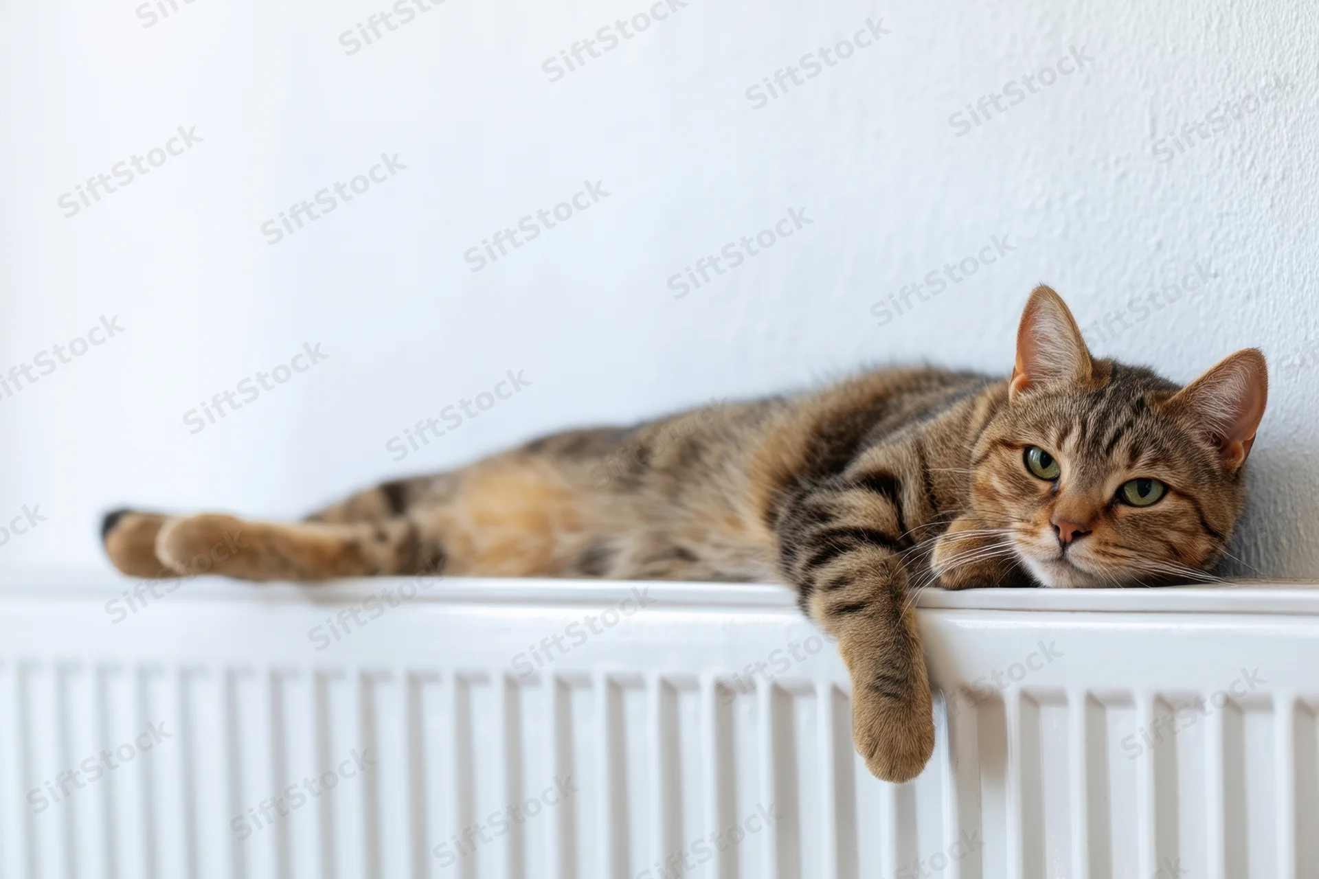 Tabby cat lying on white radiator indoors, resting with front paw draped over edge, looking at camera