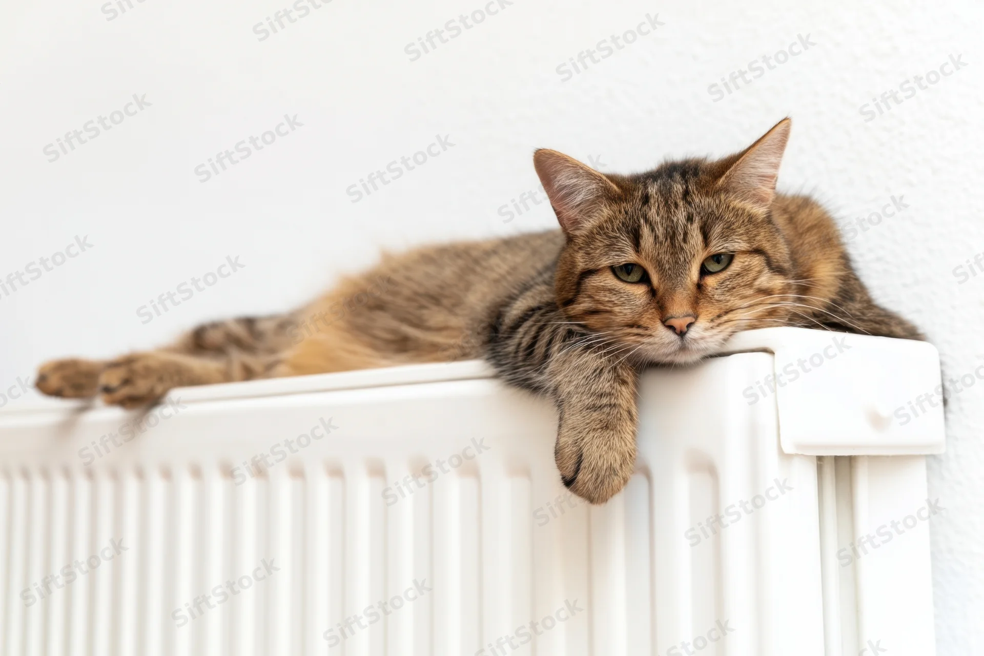 Tabby cat resting on white radiator indoors