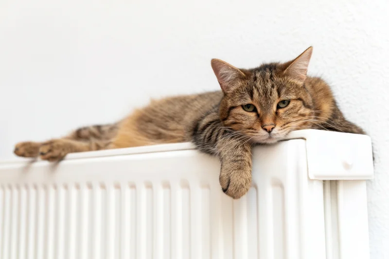 Tabby cat resting on white radiator indoors