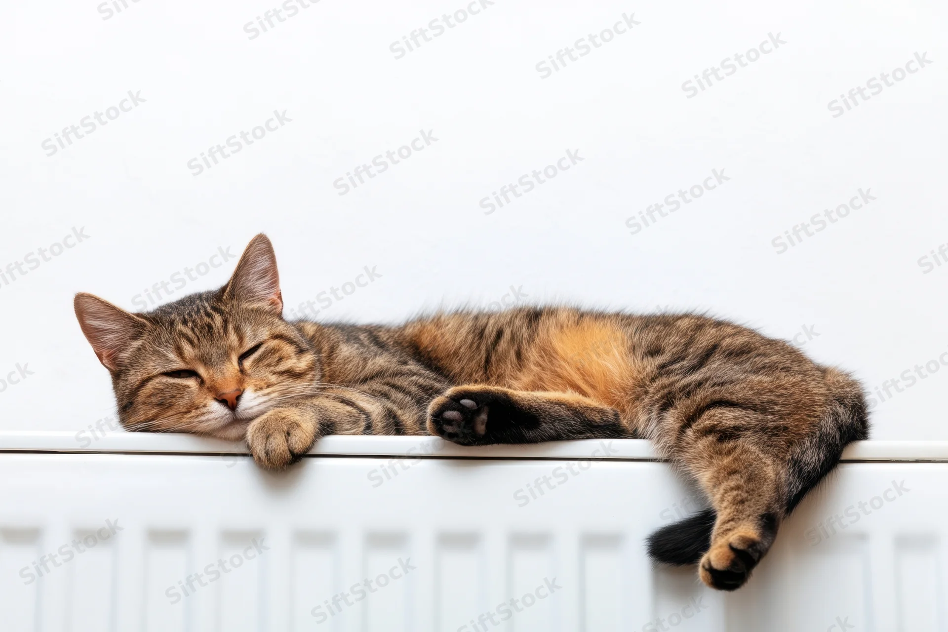 Tabby cat sleeping on a white radiator indoors