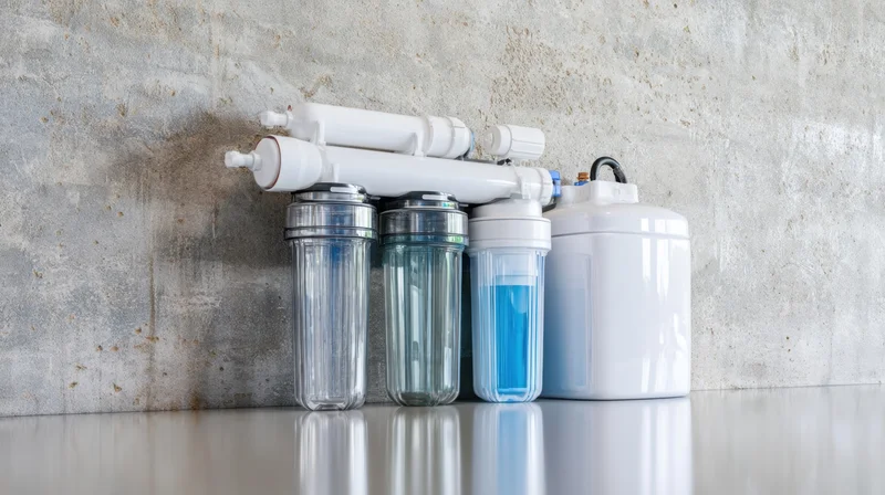 Reverse osmosis water filtration system components arranged on a reflective countertop against a concrete wall