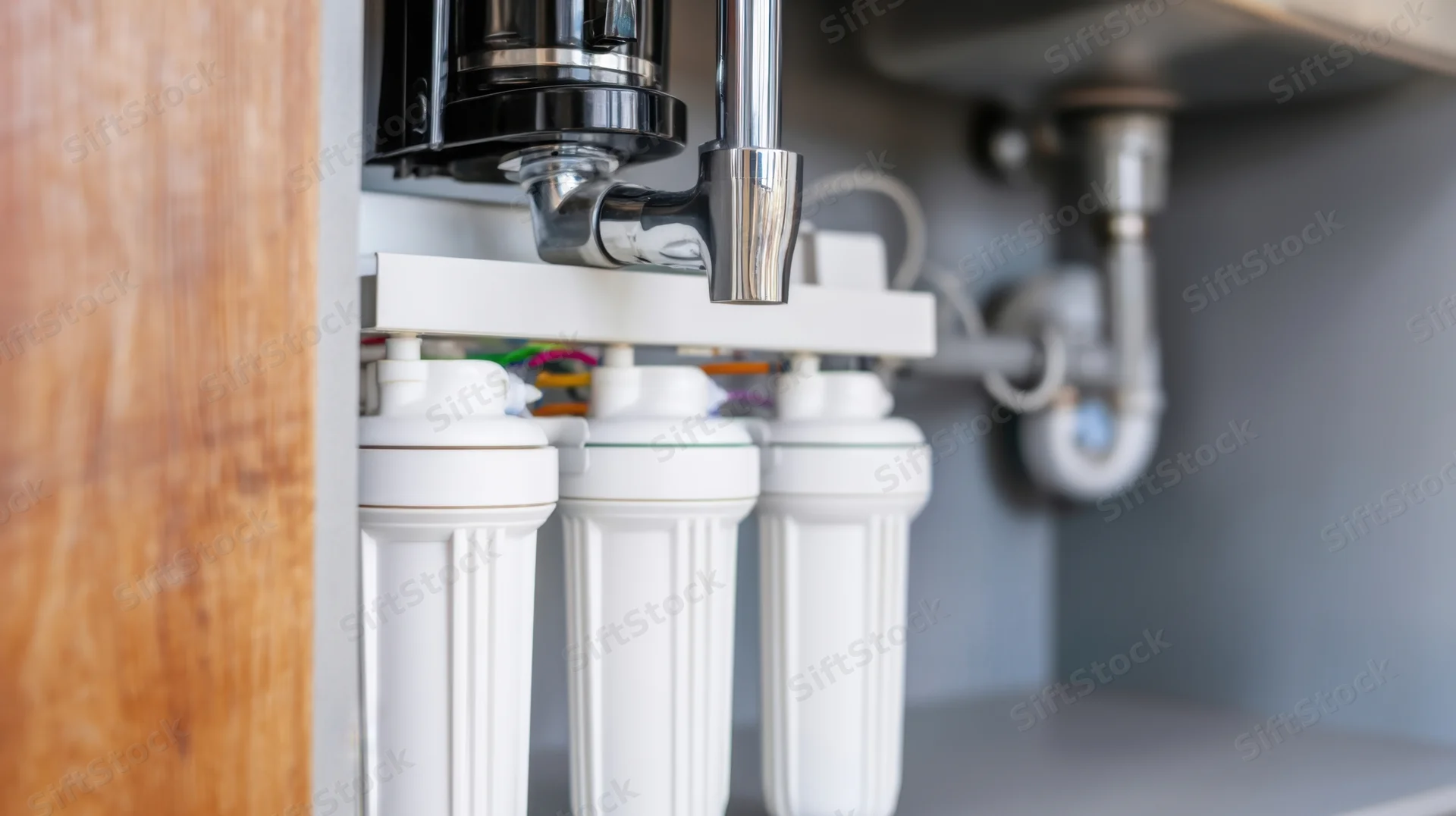 Reverse osmosis water filtration system installed under kitchen cabinet with chrome faucet and white filter cartridges