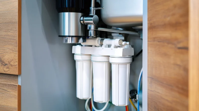 Reverse osmosis water filtration system installed under kitchen cabinet with white cartridges and chrome faucet