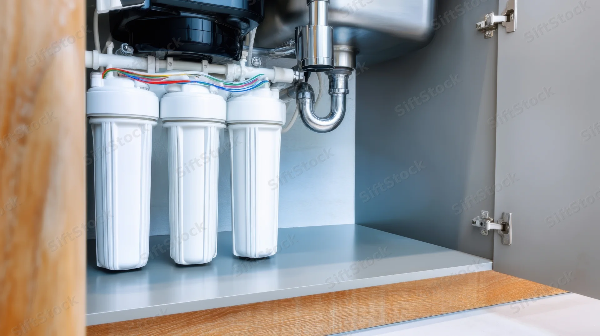 Reverse osmosis water filter system installed under kitchen sink with white cartridges and stainless steel plumbing inside cabinet