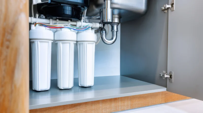 Reverse osmosis water filter system installed under kitchen sink with white cartridges and stainless steel plumbing inside cabinet