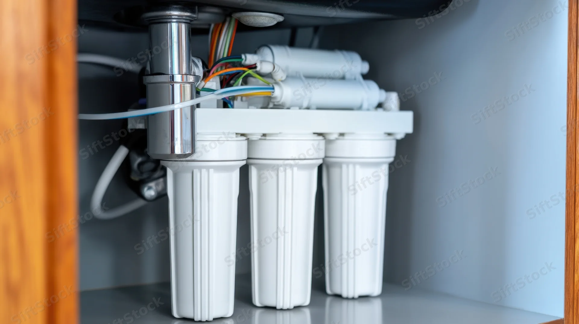 Reverse osmosis water filter system installed under kitchen cabinet with white cartridges and plumbing connections