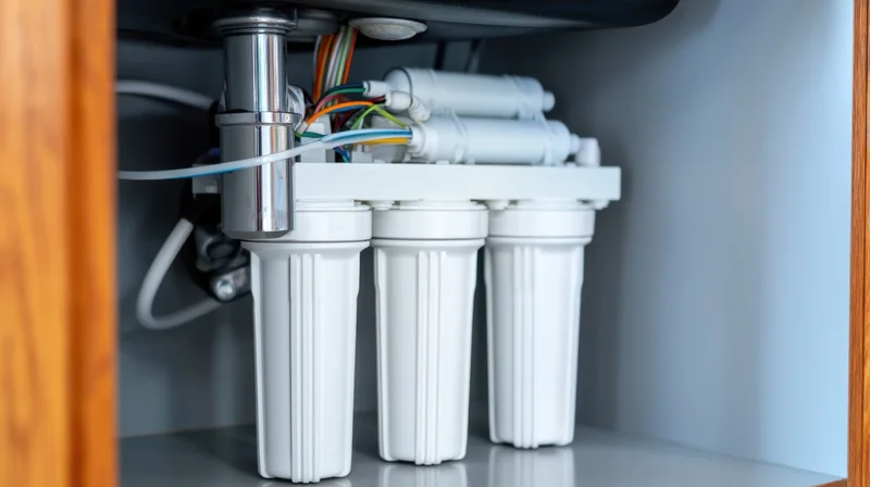 Reverse osmosis water filter system installed under kitchen cabinet with white cartridges and plumbing connections