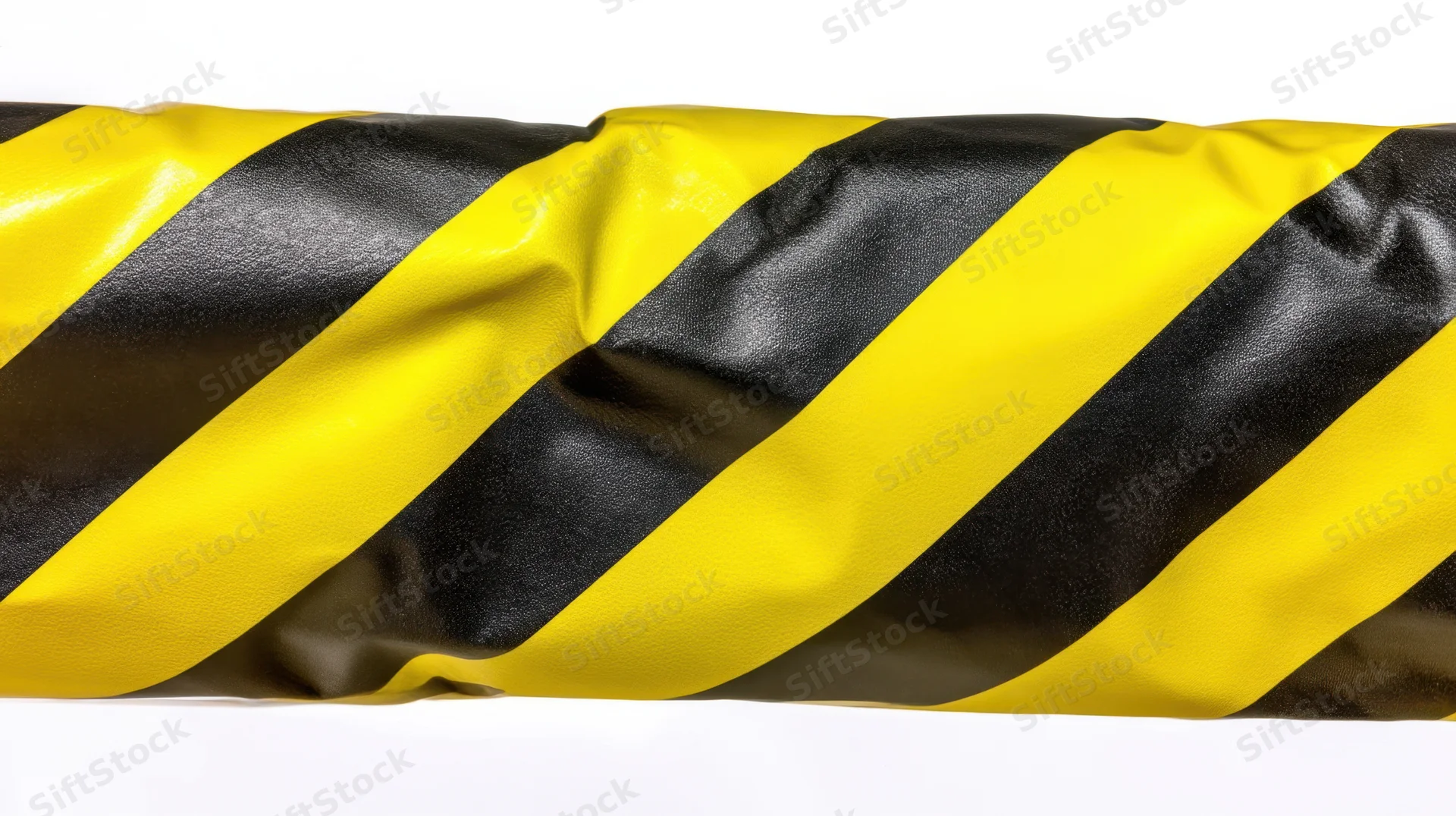 Roll of yellow and black striped caution tape on white background
