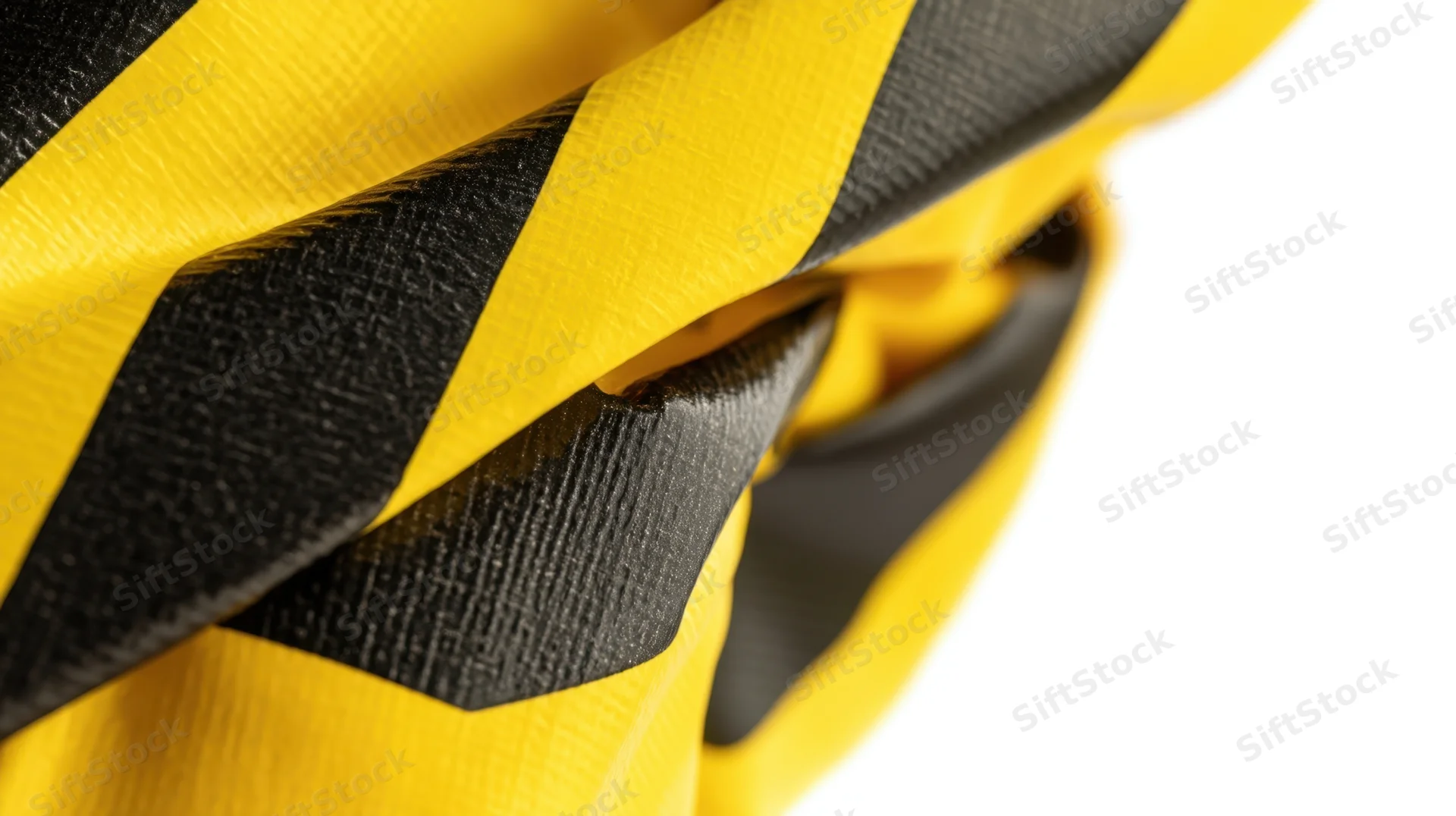 Close-up of a roll of yellow and black striped hazard tape on a white background