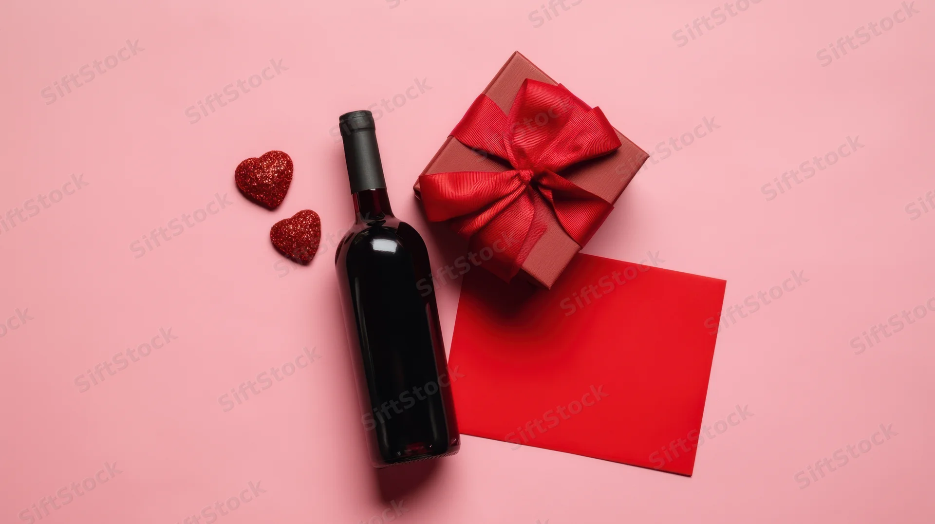 Wine bottle, gift box with red ribbon, glitter hearts and red card arranged on pink surface