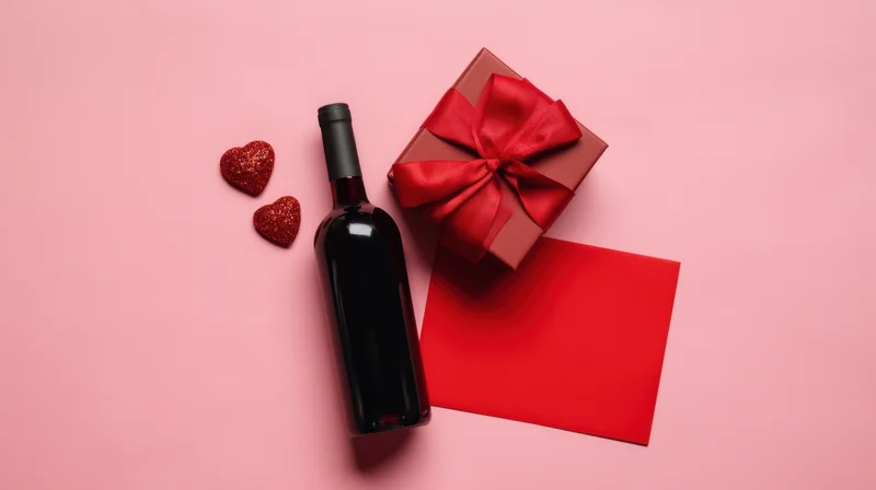 Wine bottle, gift box with red ribbon, glitter hearts and red card arranged on pink surface
