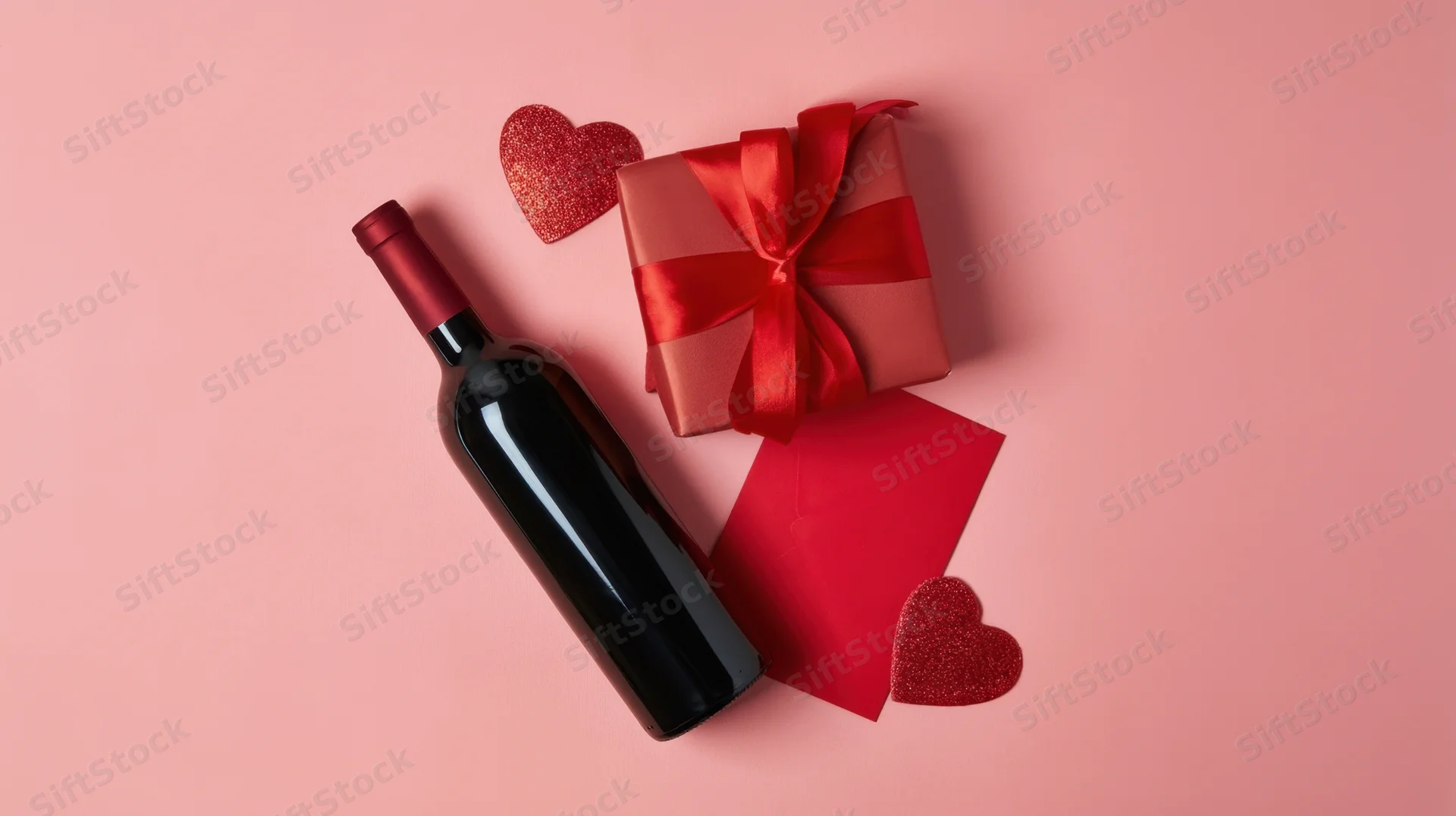 Wine bottle and gift box with red hearts and envelope on pink background