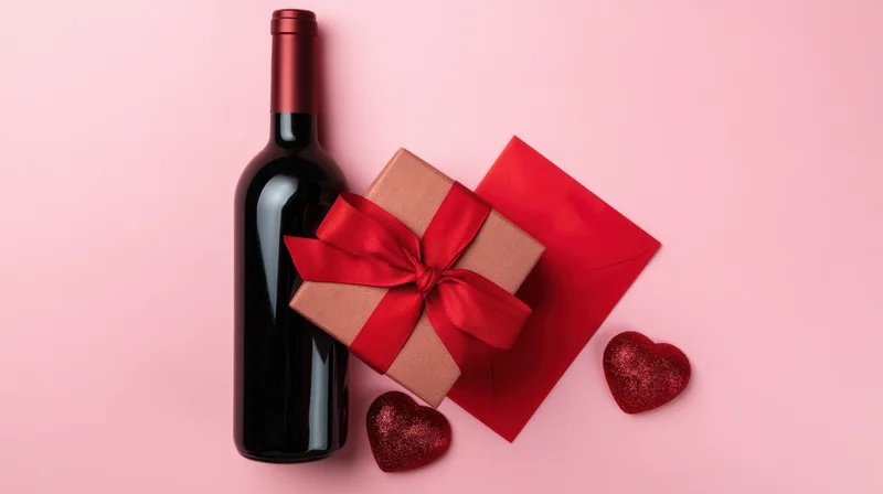 Wine bottle, gift box with red ribbon, red envelope and glitter hearts arranged on pink background