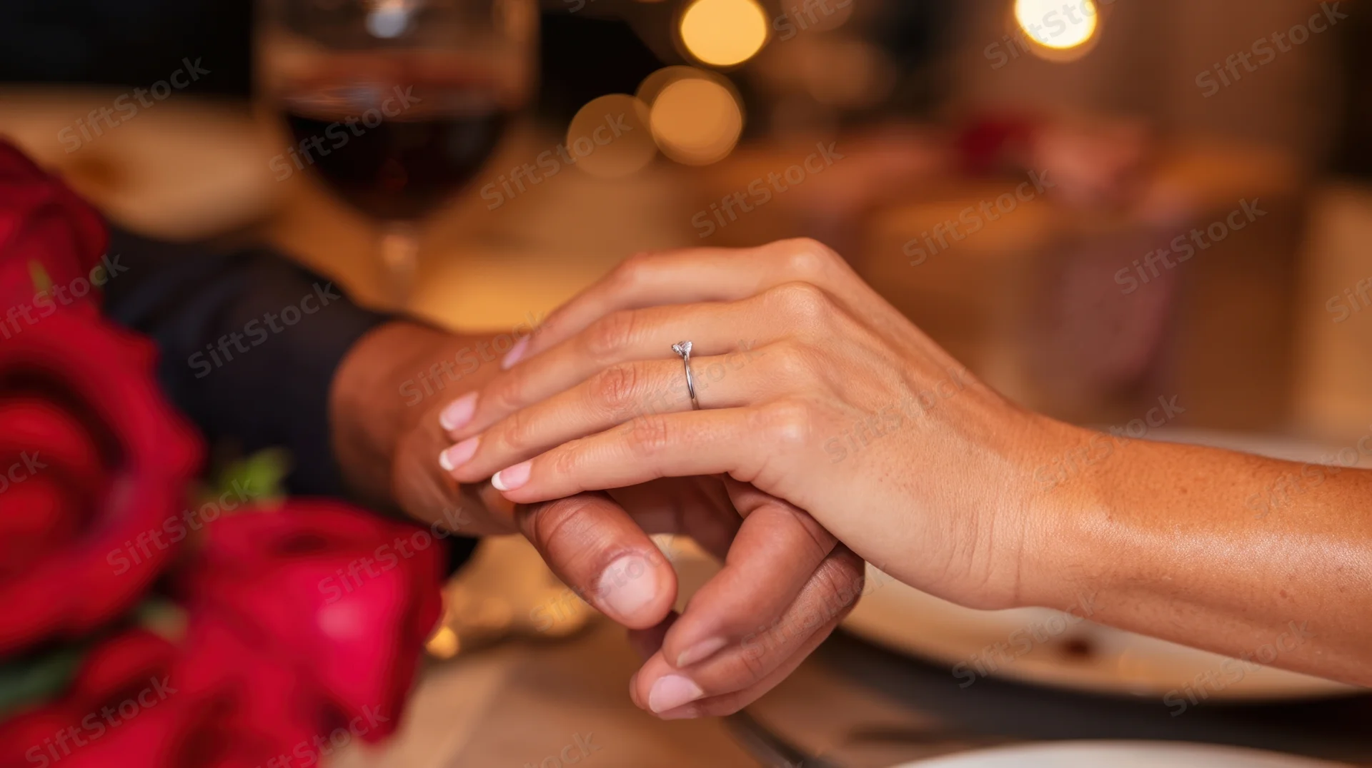 Closeup of a couple's hands holding each other at a romantic dinner table with red roses and wine