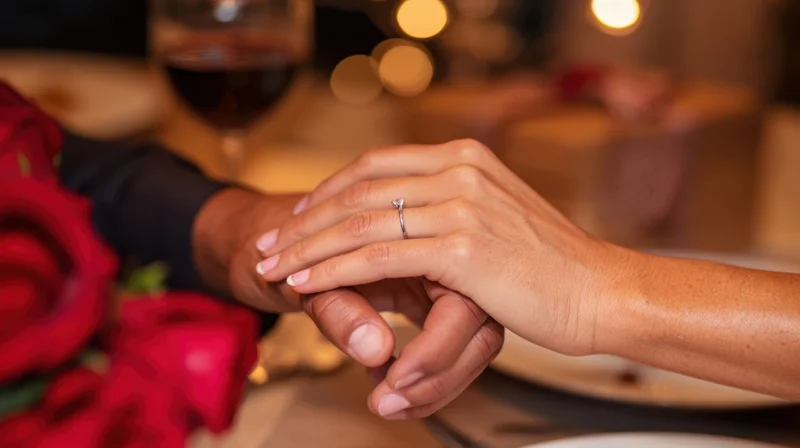 Closeup of a couple's hands holding each other at a romantic dinner table with red roses and wine