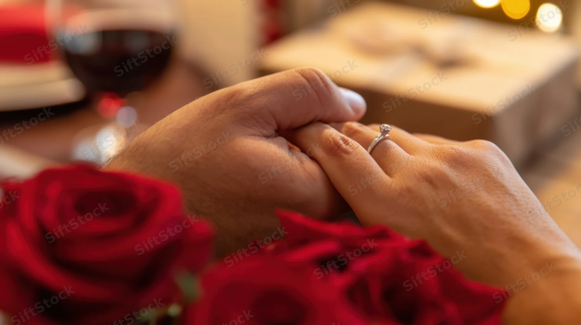 Hands clasped with engagement ring surrounded by red roses on a dinner table