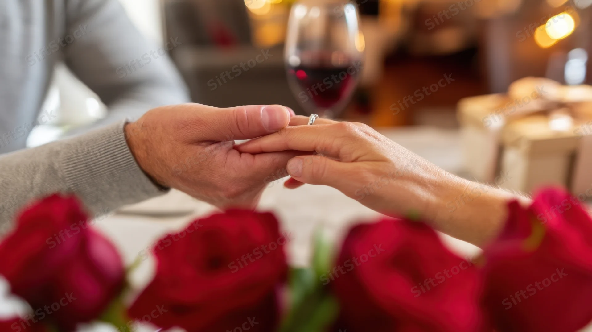 Man placing engagement ring on woman's finger at dinner table with red roses and wine glass