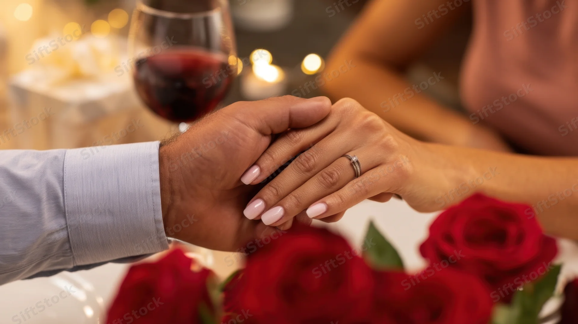 Couple holding hands over a table with red roses and wine during a romantic dinner