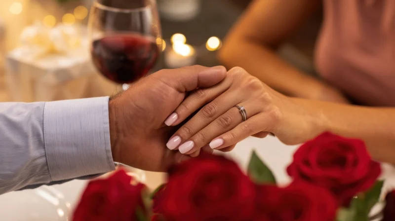 Couple holding hands over a table with red roses and wine during a romantic dinner