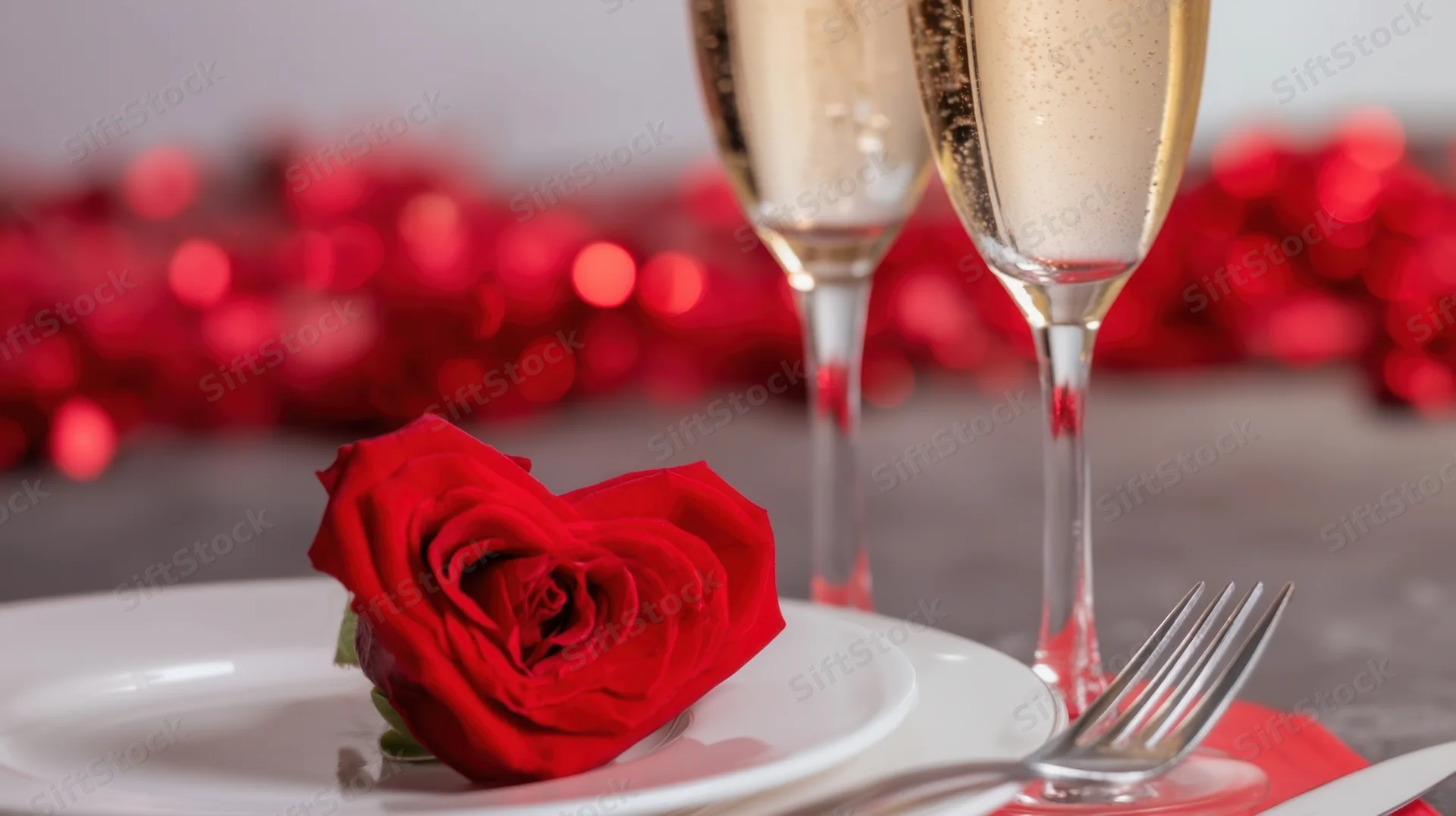 Red rose shaped like heart on white plate beside champagne glasses at romantic dinner table