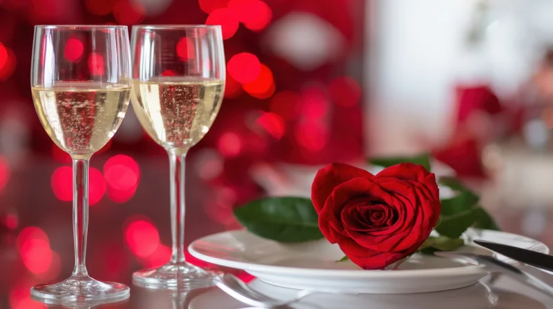 Two wine glasses and a red rose on a dinner table with heart-shaped bokeh lights in the background
