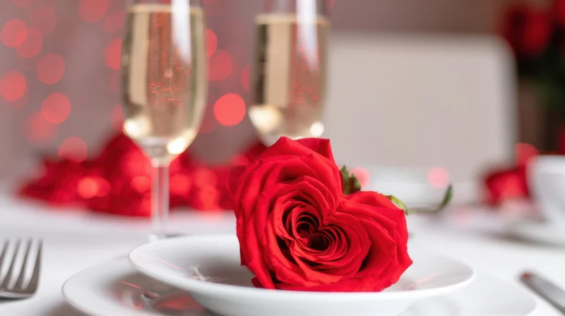 Red rose shaped like heart on white plate at romantic dinner table with champagne glasses and soft lighting