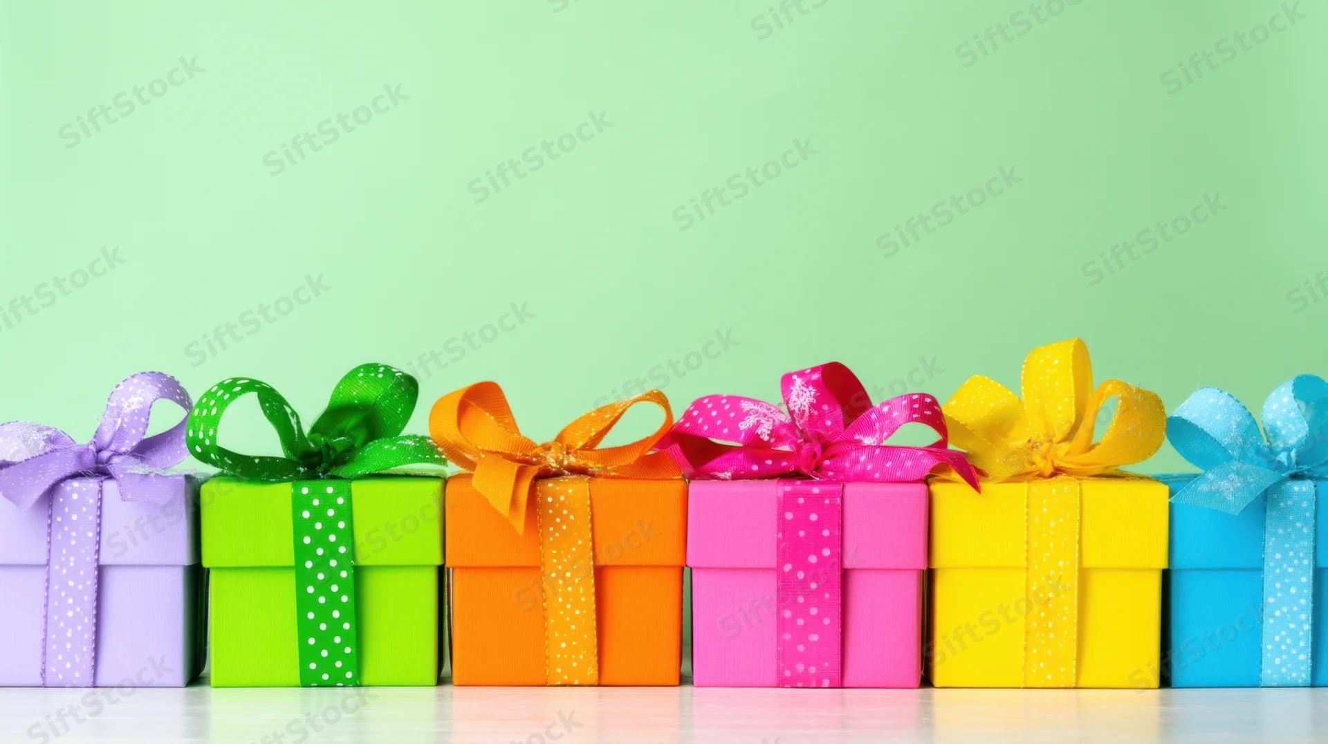 Row of colorful gift boxes with ribbons and bows on a mint green background