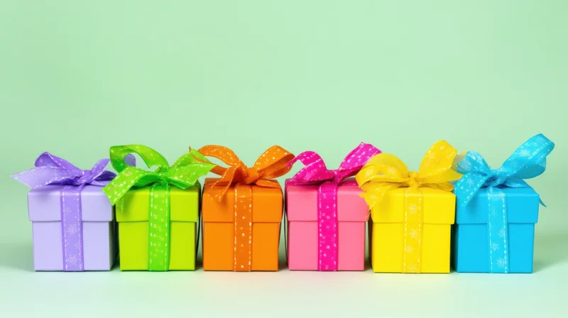Row of colorful gift boxes with ribbons and bows on a mint green background